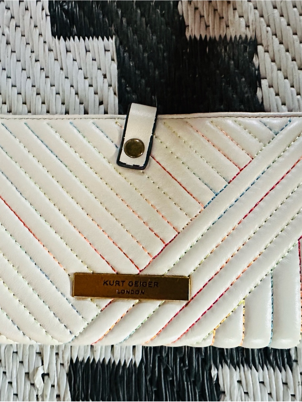 Kurt Geiger White Quilted Wallet with Multicolor Stitching and Gold Plaque